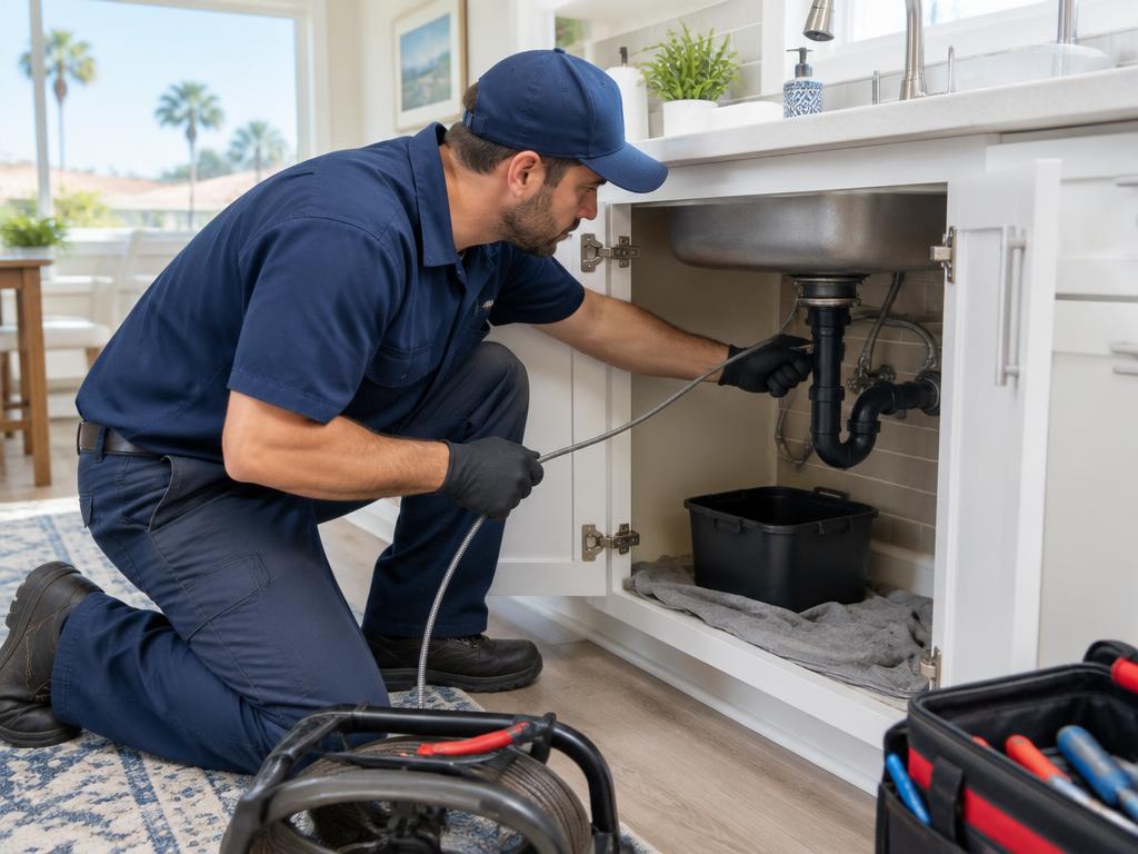 Illustrative view of a plumber clearing a drain