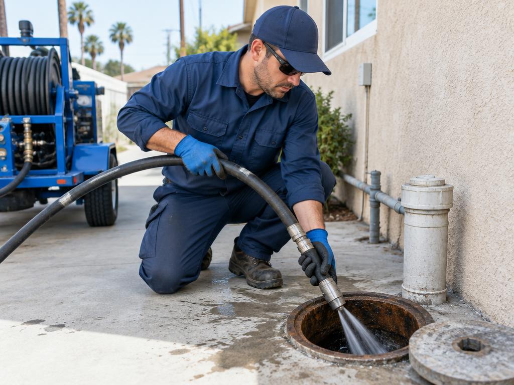 Illustrative view of hydro jetting at a sewer cleanout